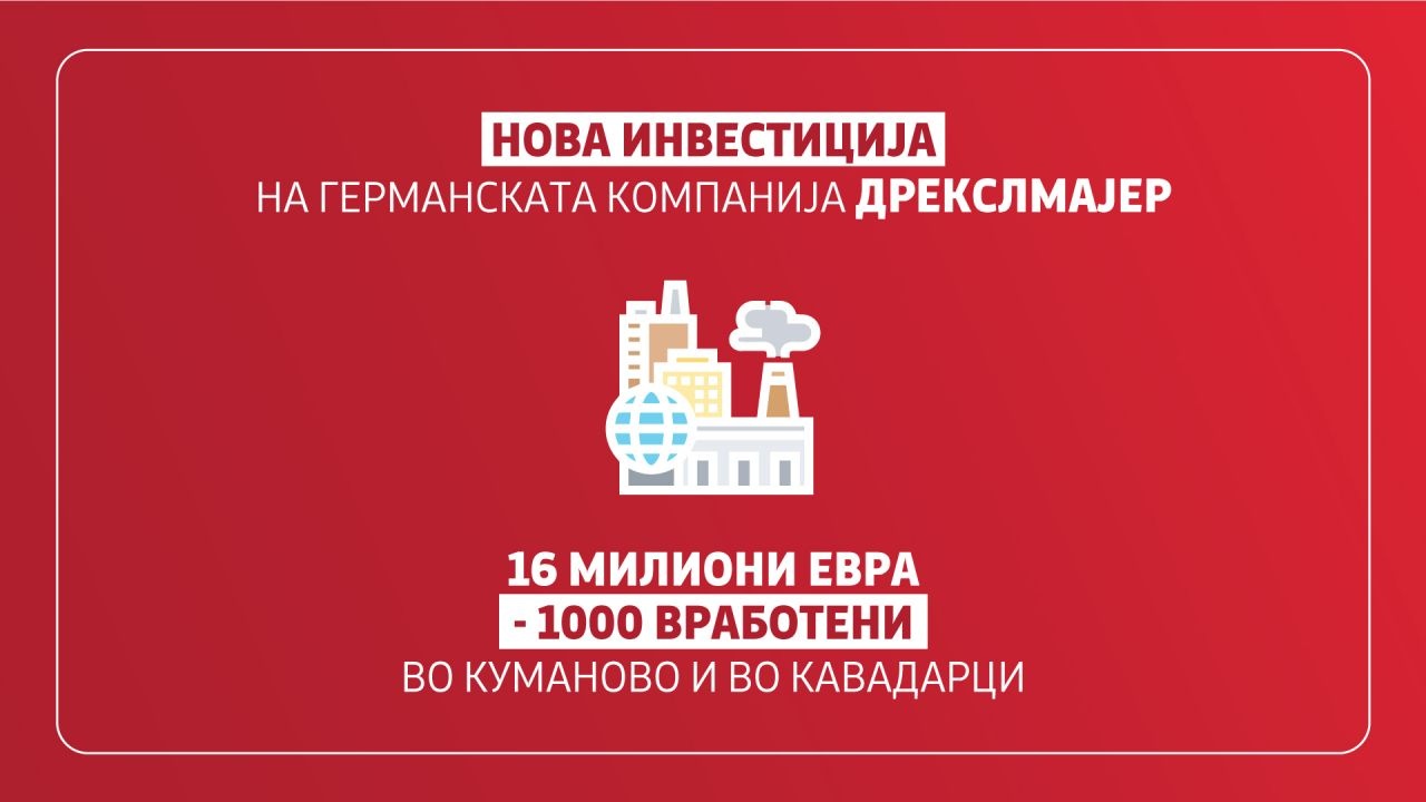 Потпишан договор за државна помош со Дрекслмајер – Нова инвестиција во Кавадарци и Куманово во вредност од 16 милиони евра и околу 1000 нови работни места