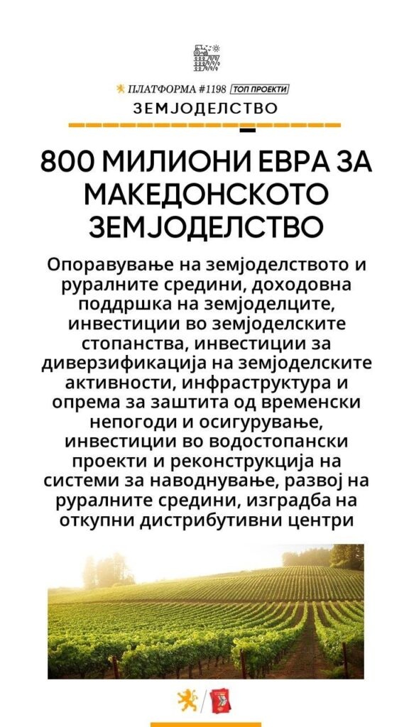 Владата на ВМРО-ДПМНЕ ќе одвои 800 милиони за македонското земјоделство, од доходовна поддршка за земјоделците преку опрема до откупни центри